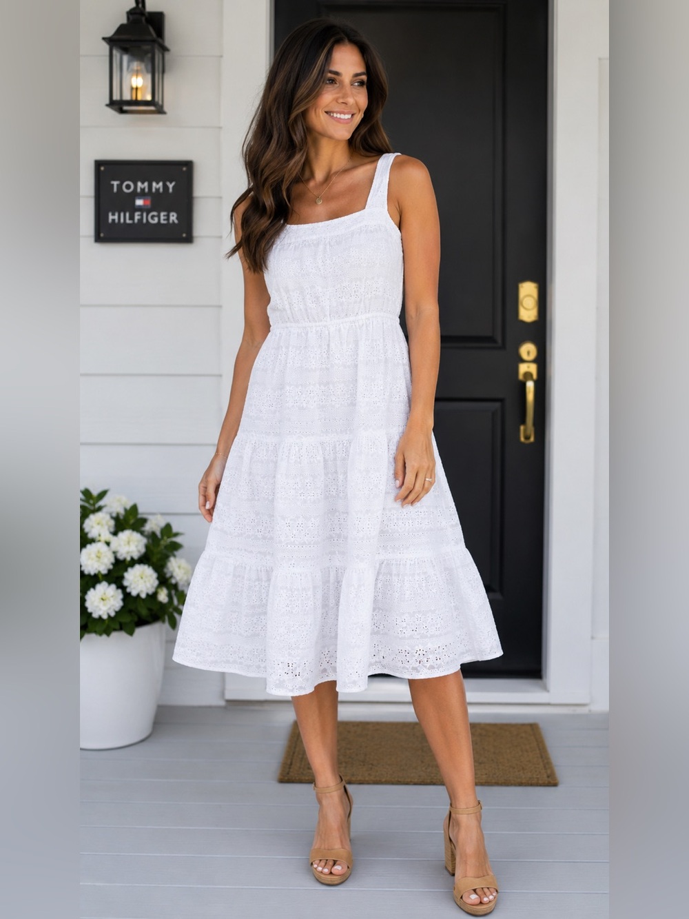 Tommy Hilfiger White Eyelet Midi Tiered Sundress